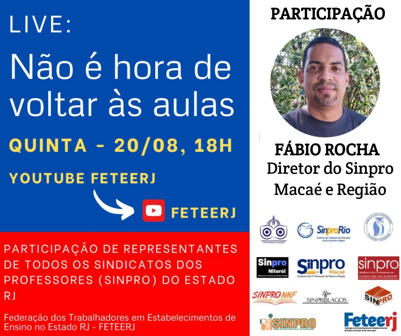 Professor Fábio Rocha, do Sinpro Macaé e Região, irá participar de LIve Não é hora de voltar às aulas da FETEERJ