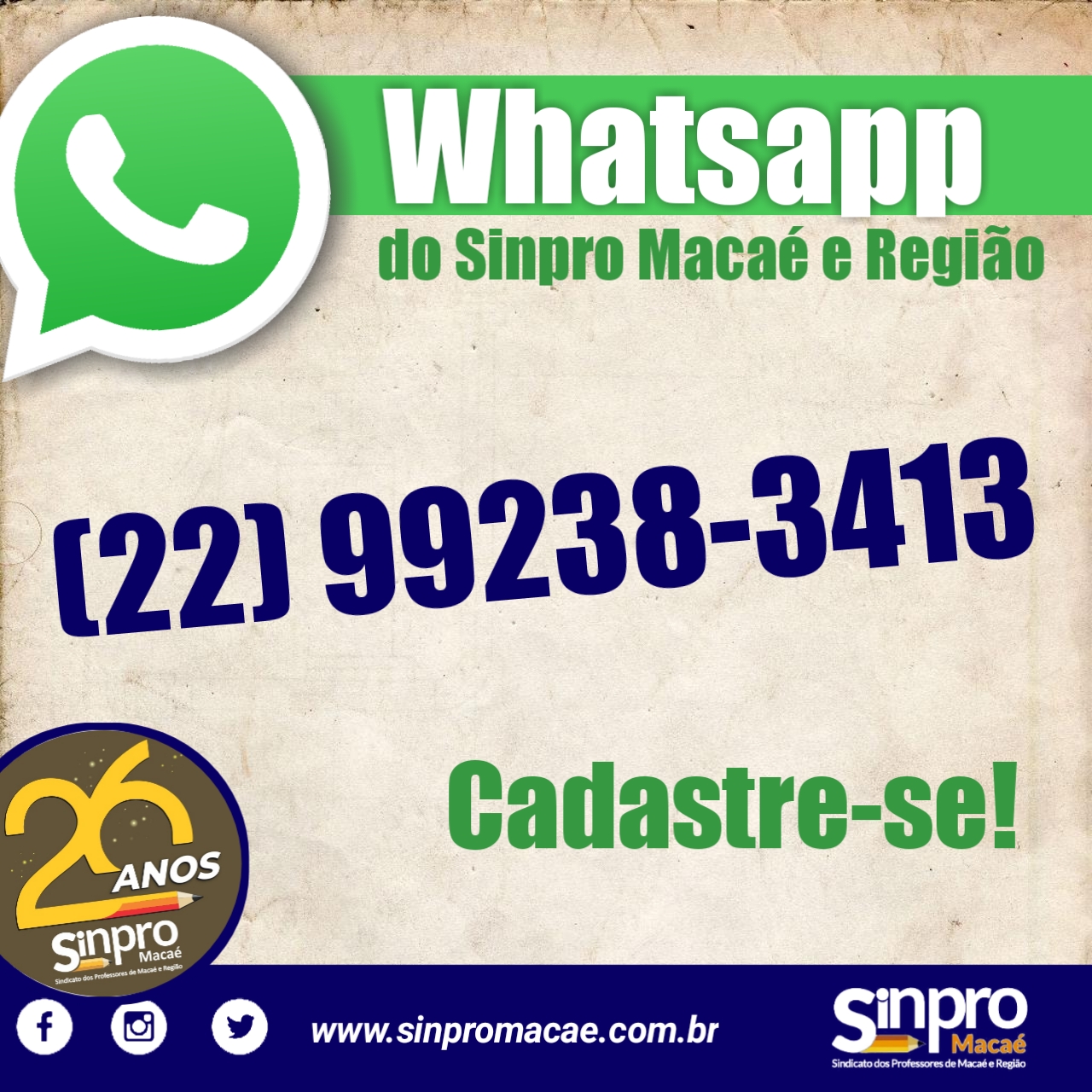 Cadastre o WhatsApp do Sinpro Macaé e Região no seu celular