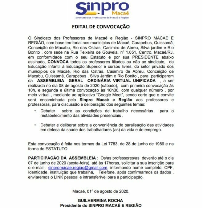 EDITAL DE CONVOCAÇÃO ASSEMBLEIA 08 DE AGOSTO DE 2020