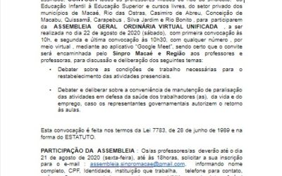 EDITAL DE CONVOCAÇAO ASSEMBLEIA UNIFICADA VIRTUAL 22 de agosto de 2020