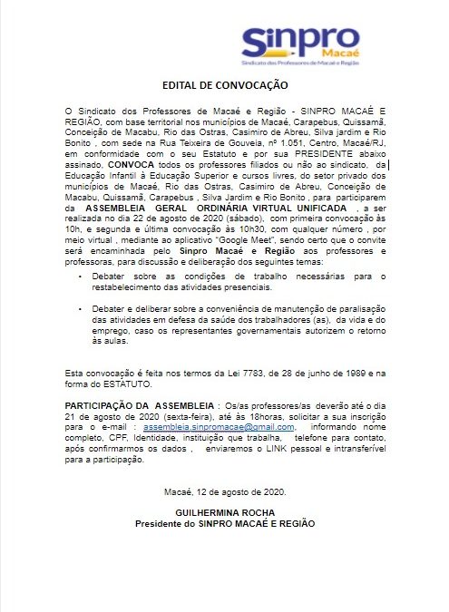 EDITAL DE CONVOCAÇAO ASSEMBLEIA UNIFICADA VIRTUAL 22 de agosto de 2020