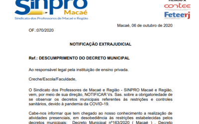 Paralisação de 24 horas: Sinpro Macaé e Região encaminha ofício para a direção da Fundação Luiz Reid e da FAFIMA.