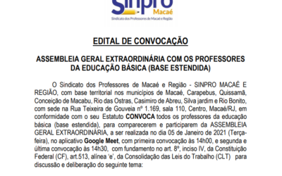 EDITAL DE CONVOCAÇÃO ASSEMBLEIA – EDUCAÇÃO BÁSICA – 05 DE JANEIRO DE 2021