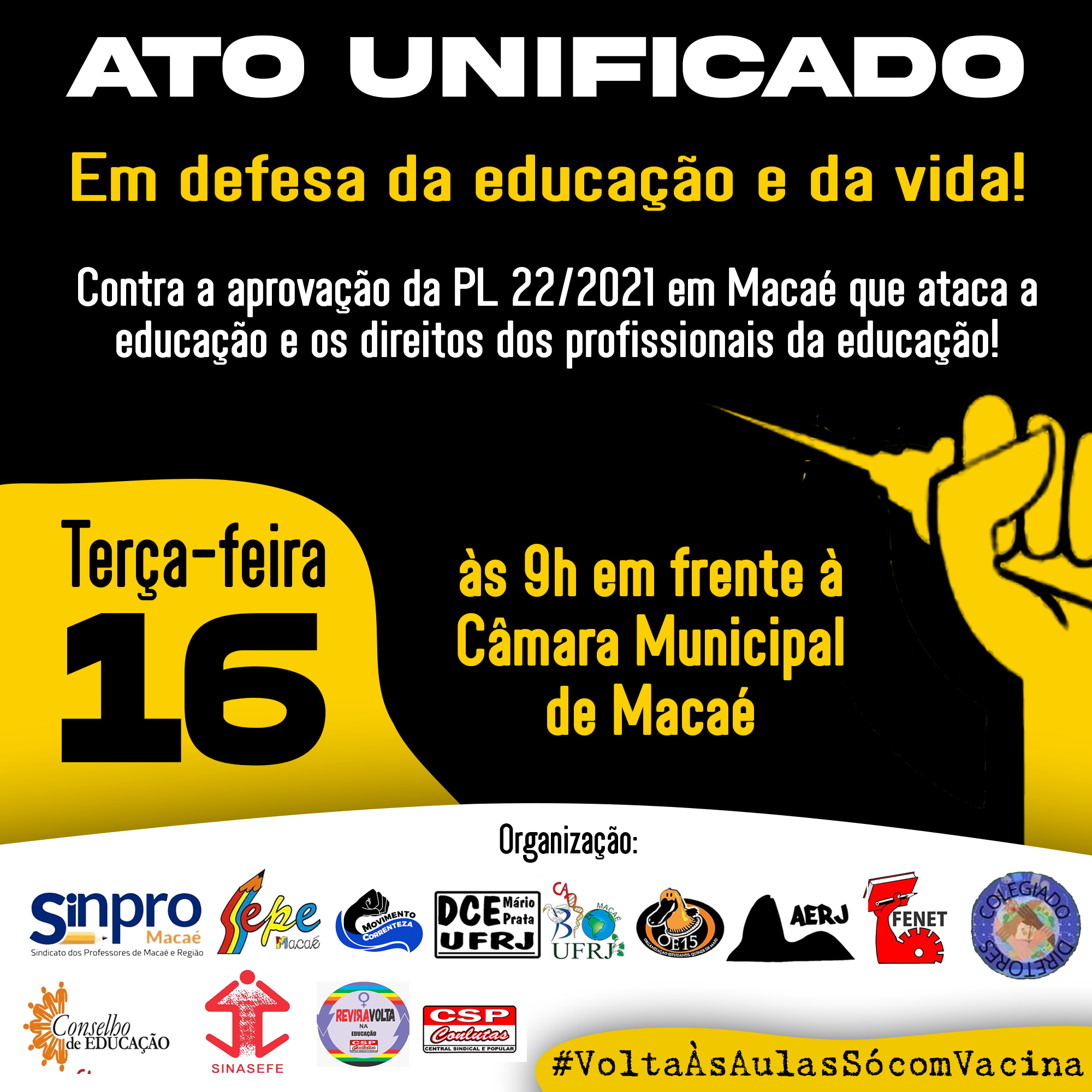 Card de convocação | Dia 16 de março às 9h em frente a Câmara Municipal de Macaé 