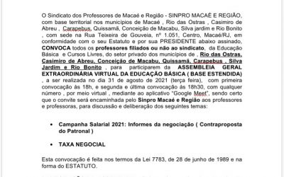 EDITAL DE CONVOCAÇÃO DE ASSEMBLEIA ORDINÁRIA VIRTUAL DA EDUCAÇÃO BÁSICA (MACAÉ E BASE ESTENDIDA)