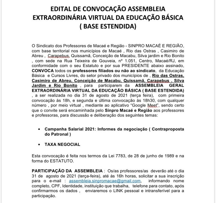 EDITAL DE CONVOCAÇÃO DE ASSEMBLEIA ORDINÁRIA VIRTUAL DA EDUCAÇÃO BÁSICA (MACAÉ E BASE ESTENDIDA)